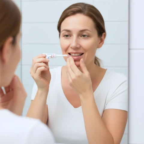 Žena nanáší gengigel forte na dásně, proti krvácení a zánětu. Rychlá pomoc.