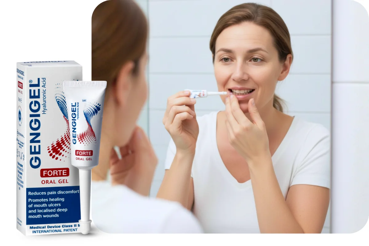 Žena nanáší gengigel forte na dásně, proti krvácení a zánětu. Rychlá pomoc.