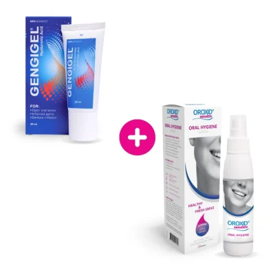 produkt gengigel gel a oroxid sensitiv roztok ve výhodné sadě pro péči o zuby s rovnátky