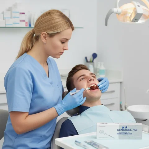 Dentální hygienistka používá Gengigel syringe u pacienta s odchlíplou dásní.