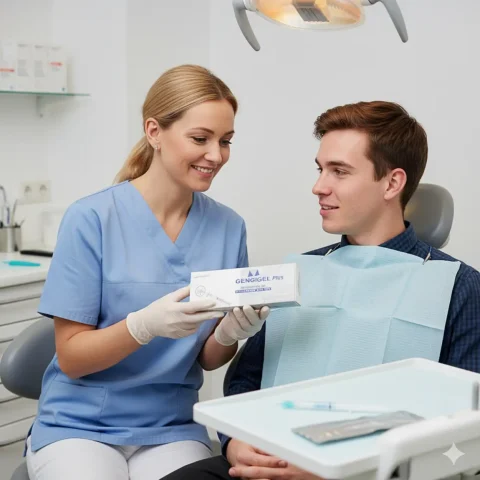 Zubařka ukazuje krabičku Gengigel syringe u pacienta se zánětem dásní.