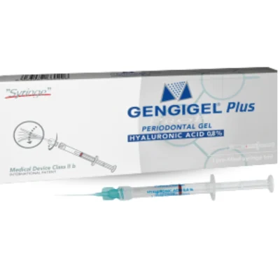 Balení gengigel syringe a injekční stříkačka s kanylou a obsahem kyseliny hyaluronové.