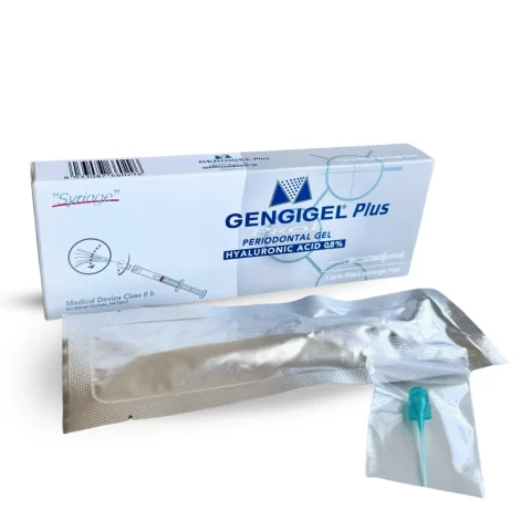 Obsah balení gengigel syringe rozložený vedle sebe.